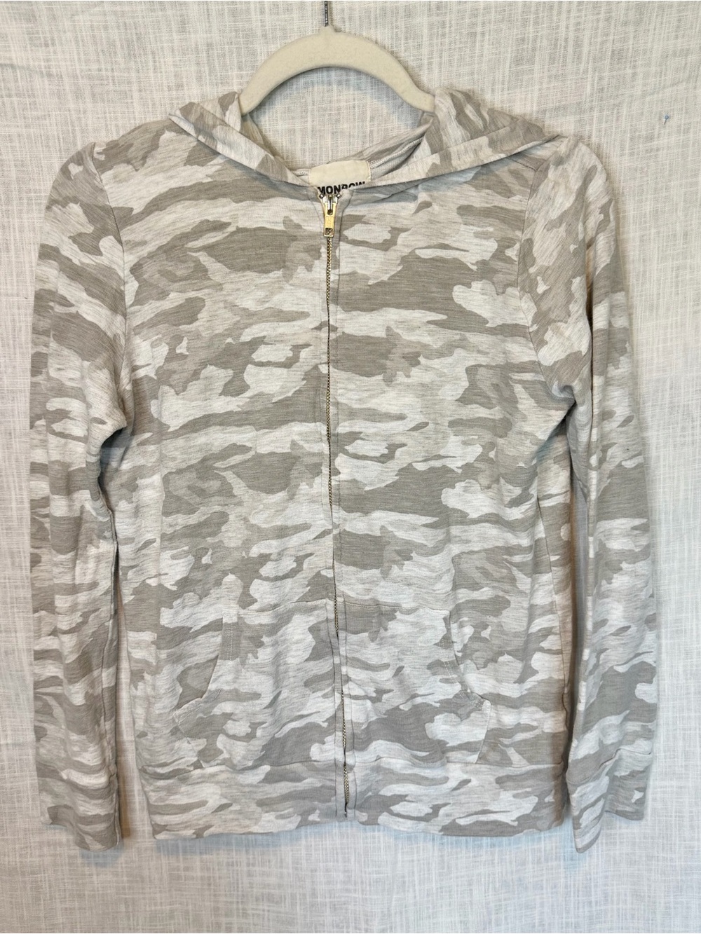 MONROW Gray Camo Full-Zip Hoodie Supersoft Athleisure Model Off Duty Lounge M